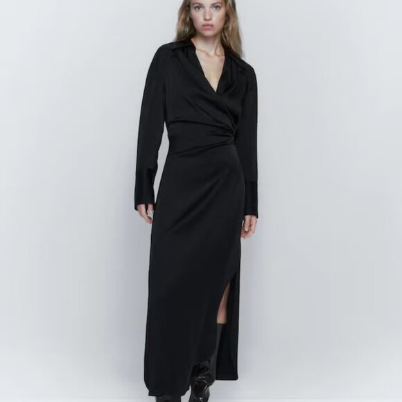 Massimo Dutti Maxi Wrap Black Satin Shirt Dress Size XS New With Tags - Picture 2 of 16